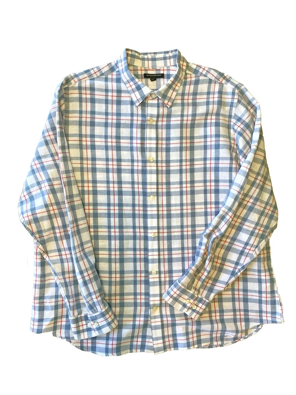 Banana Republic Shirt Mens XXL Red White Blue Plaid Button Up Long Sleeve Linen